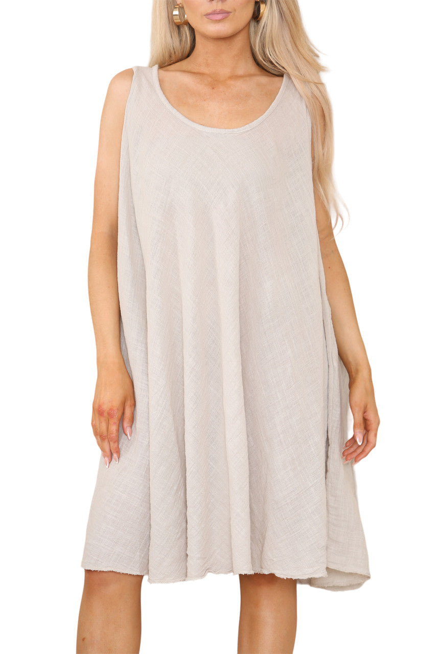 Ladies Plain V-Neck Hanky Hem Sleeveless Dress Stone