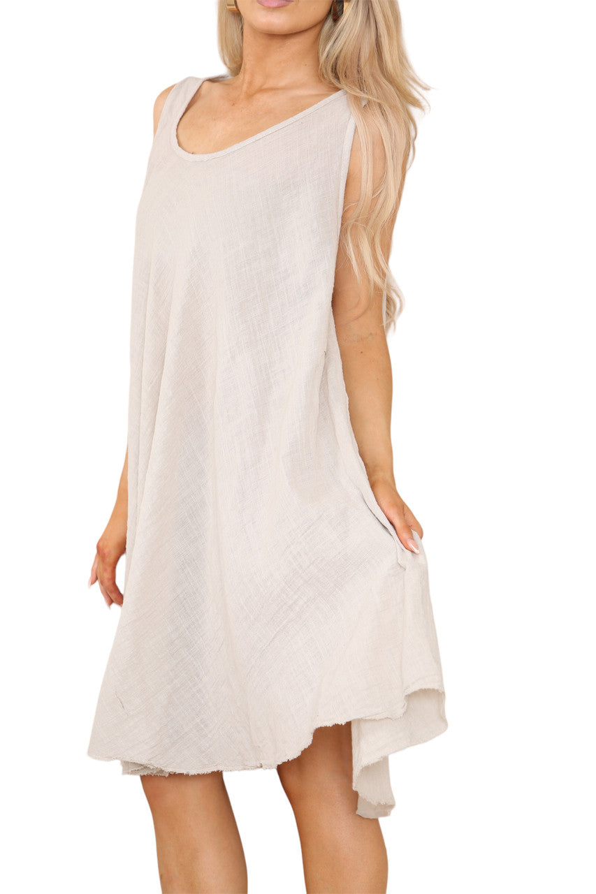 Ladies Plain V-Neck Hanky Hem Sleeveless Dress Stone