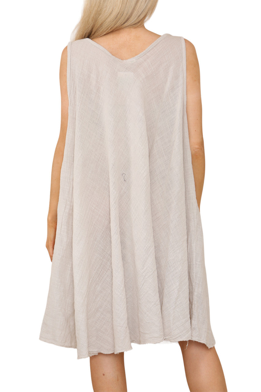 Ladies Plain V-Neck Hanky Hem Sleeveless Dress Stone