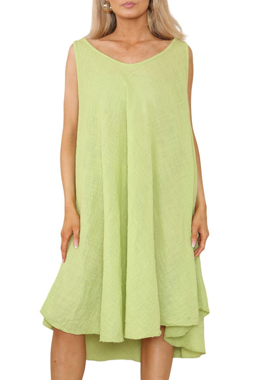 Ladies Plain V-Neck Hanky Hem Sleeveless Dress Lime