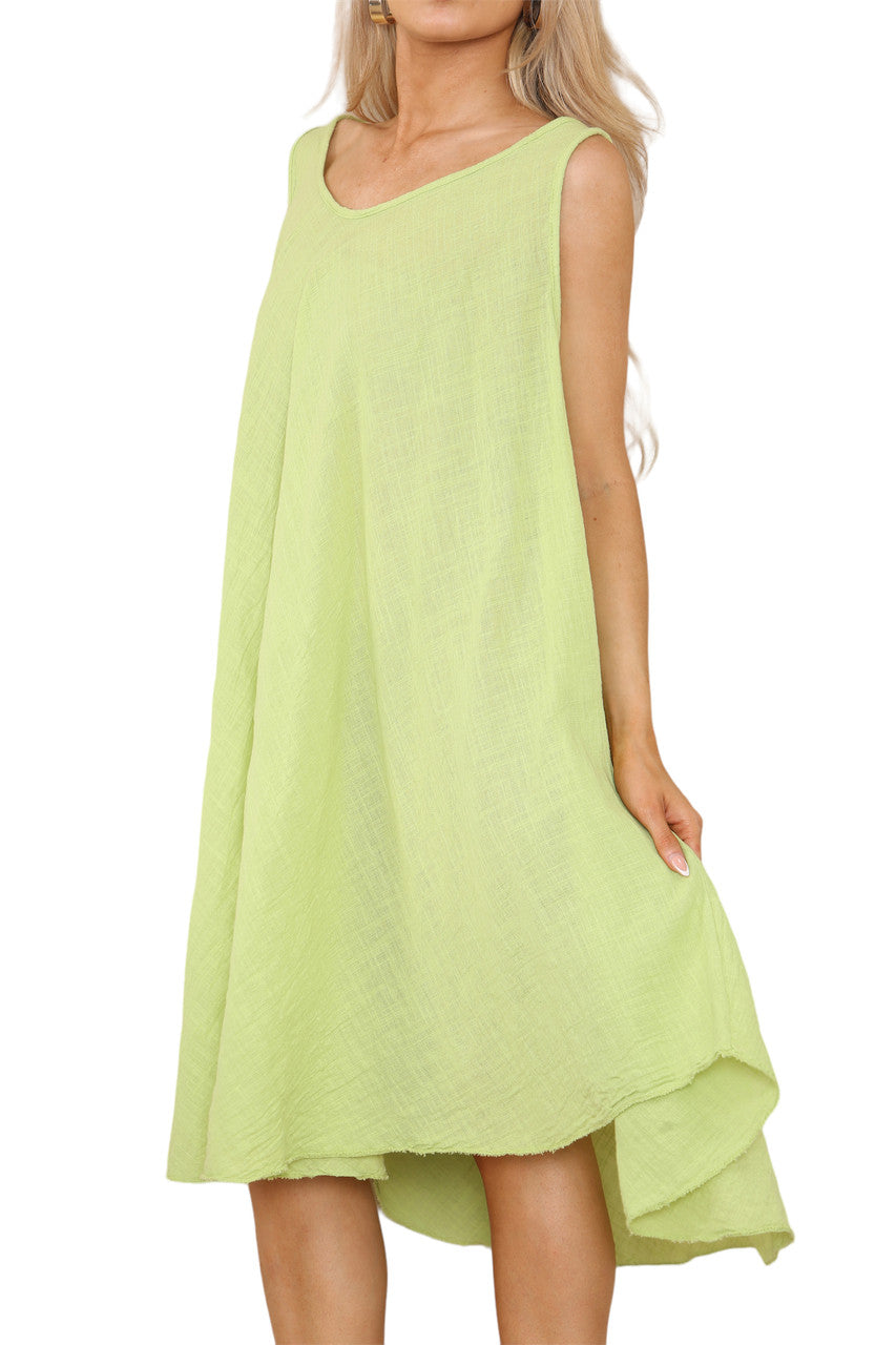 Ladies Plain V-Neck Hanky Hem Sleeveless Dress Lime