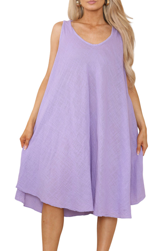 Ladies Plain V-Neck Hanky Hem Sleeveless Dress Lilac