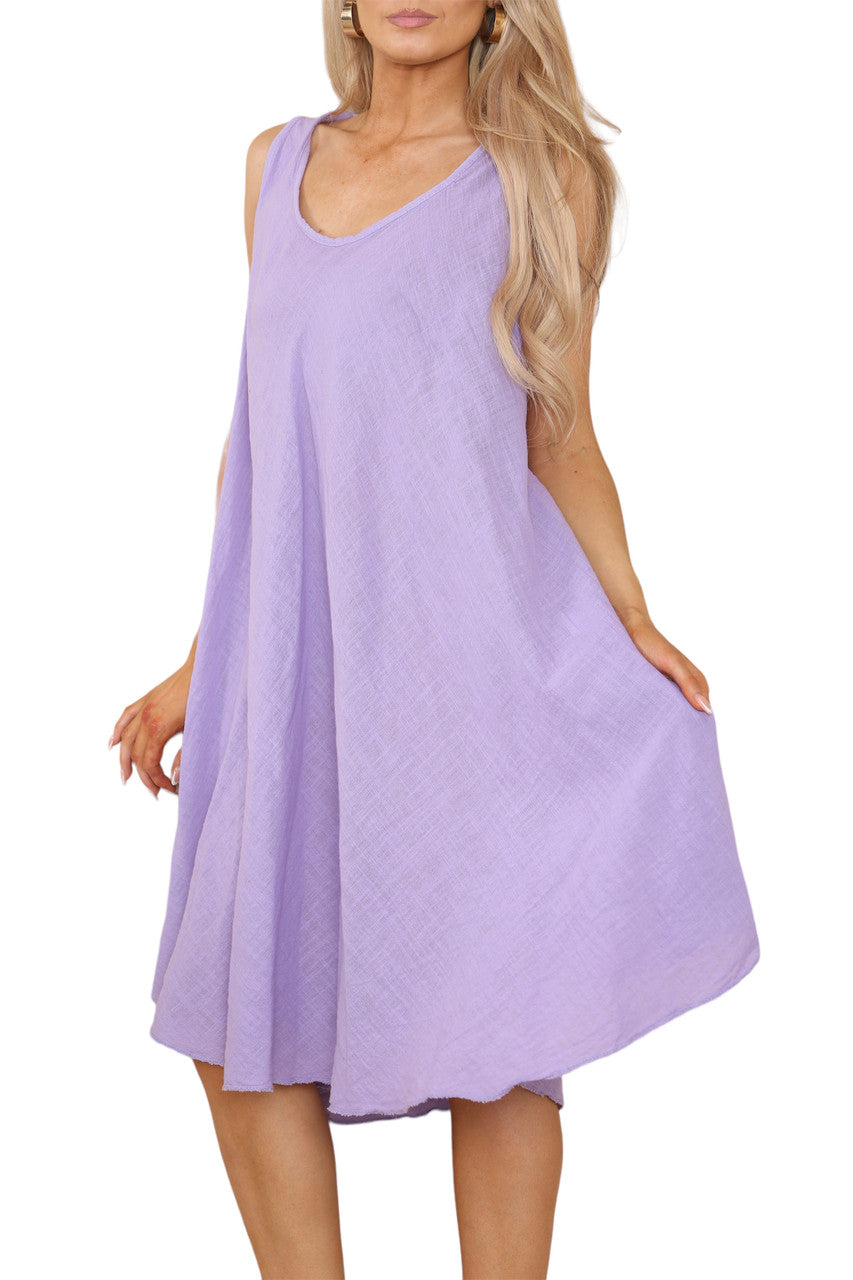 Ladies Plain V-Neck Hanky Hem Sleeveless Dress Lilac