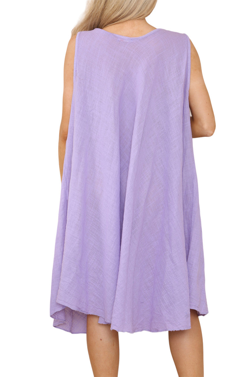 Ladies Plain V-Neck Hanky Hem Sleeveless Dress Lilac