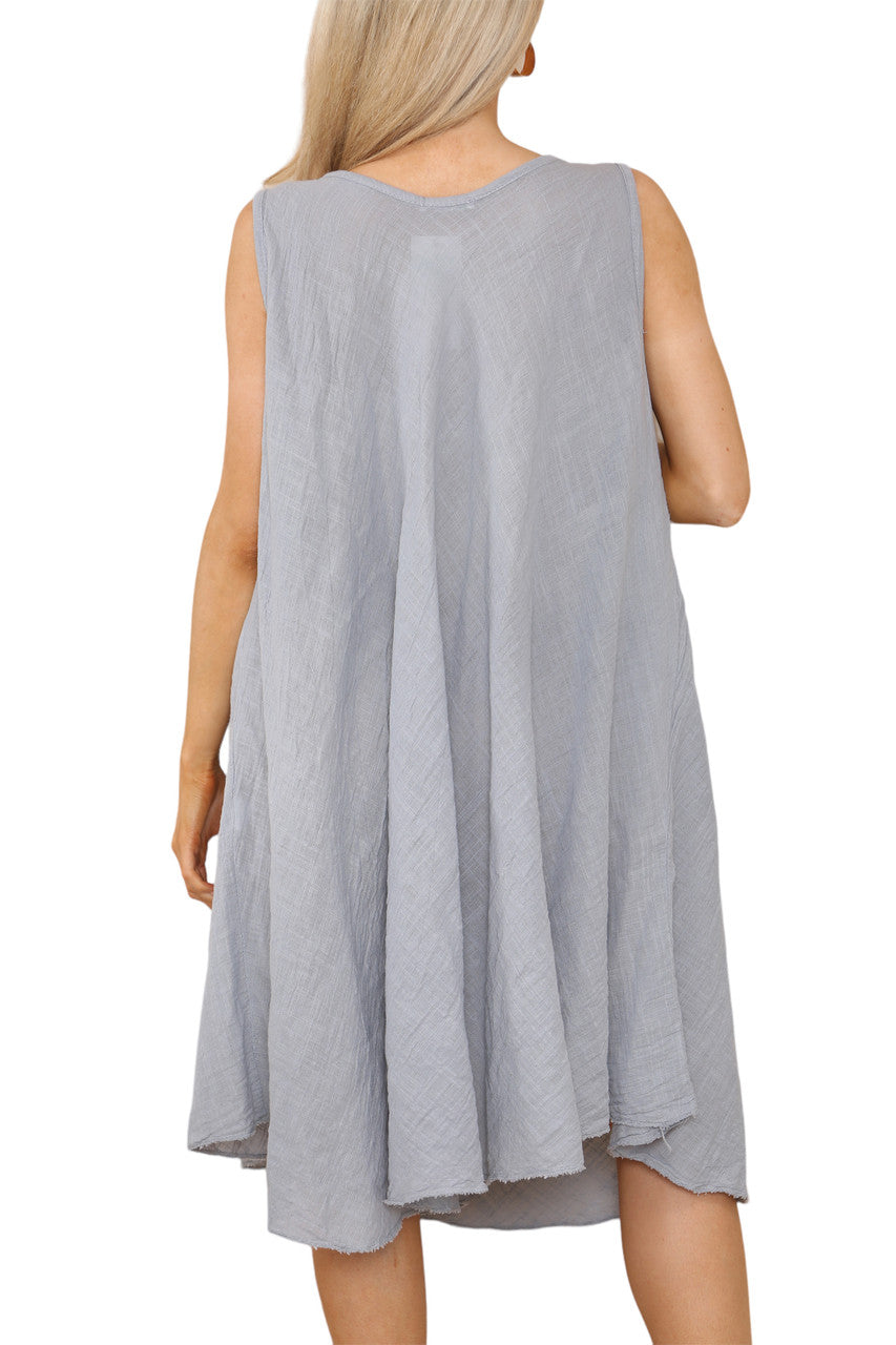 Ladies Plain V-Neck Hanky Hem Sleeveless Dress Grey