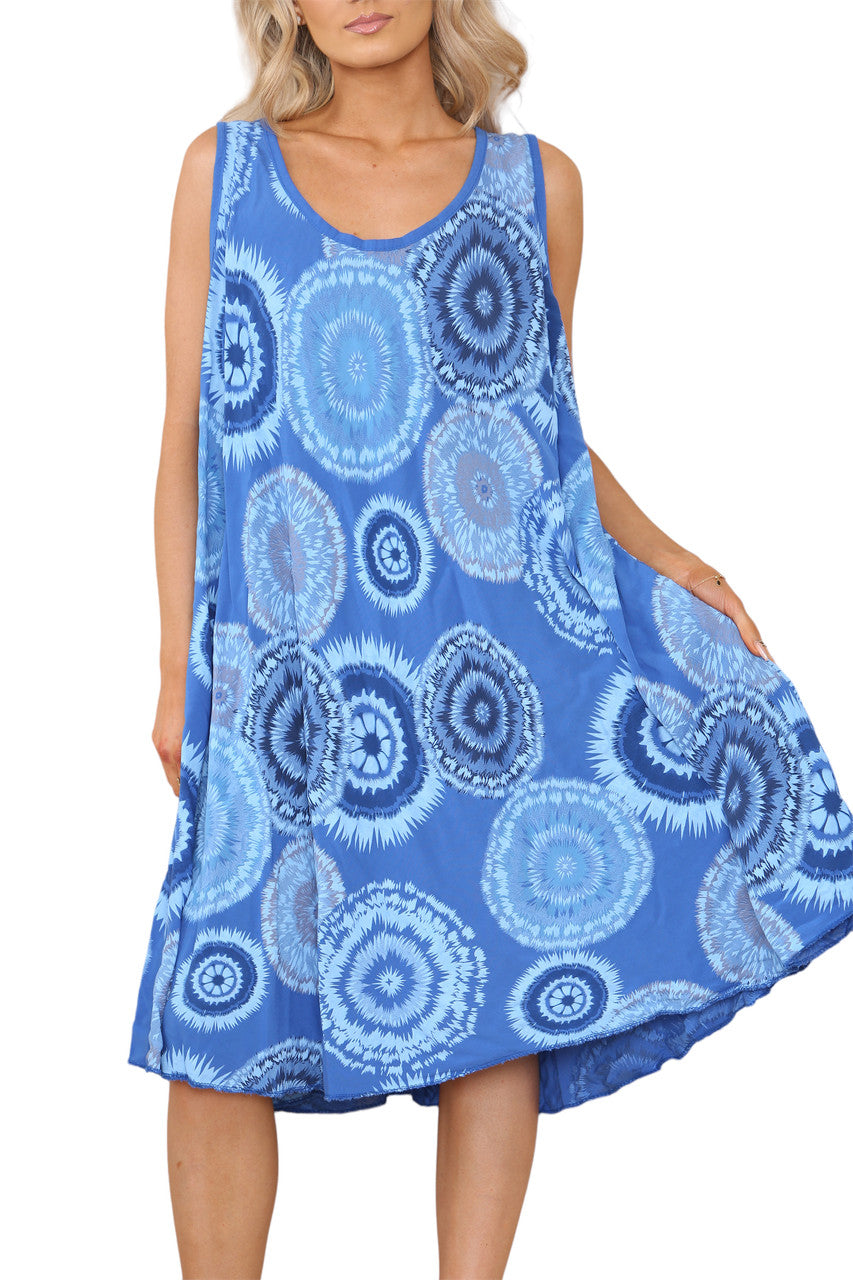 Ladies Tie Dye V-Neck Hanky Hem Sleeveless Dress Royal Blue