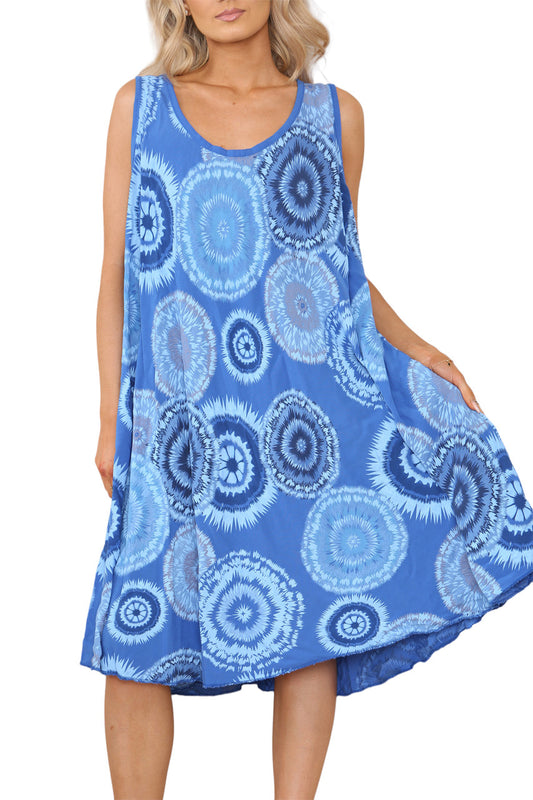 Ladies Tie Dye V-Neck Hanky Hem Sleeveless Dress Royal Blue