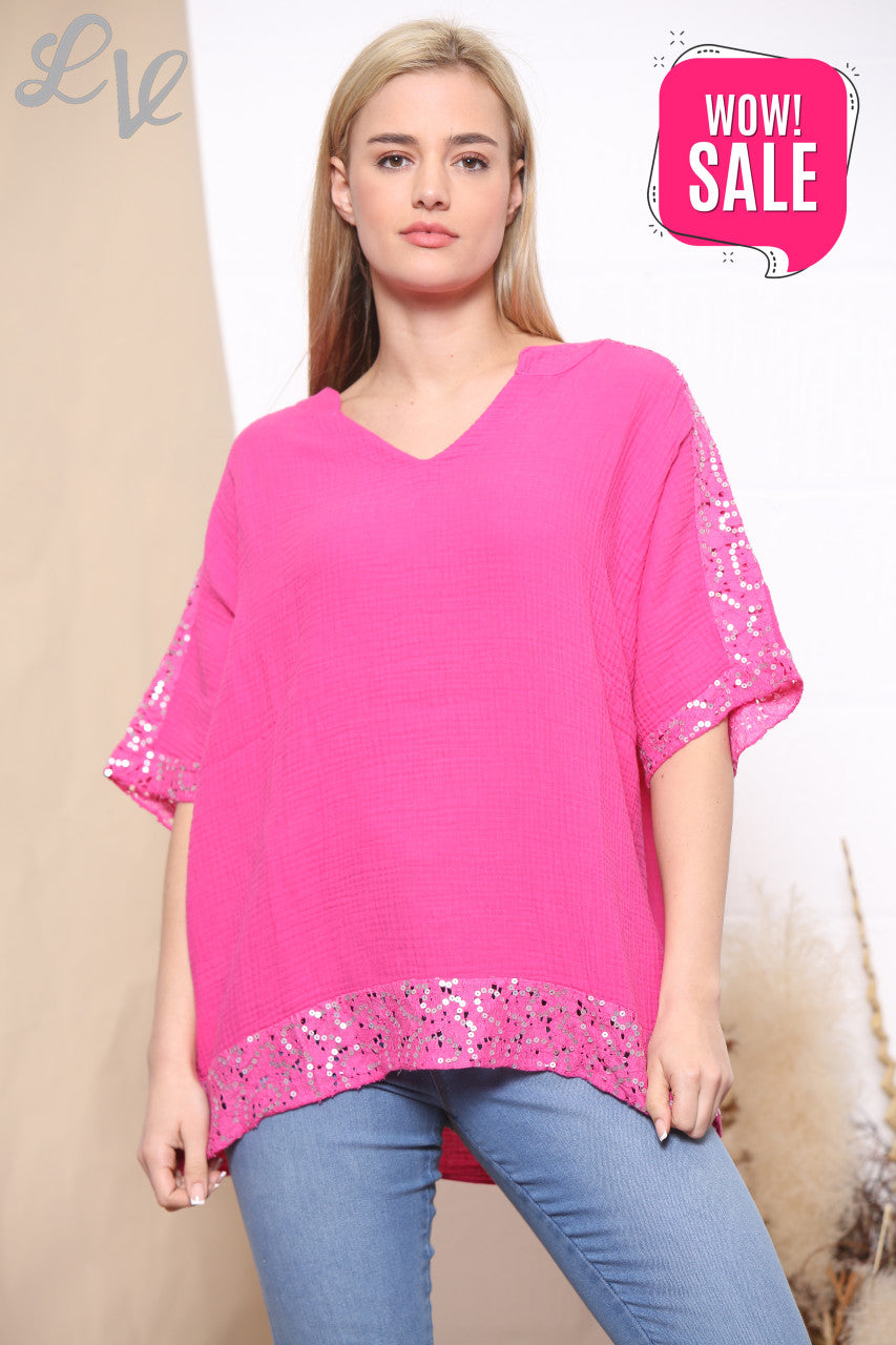 Dames V-hals top met glitters op de mouwen Cerise