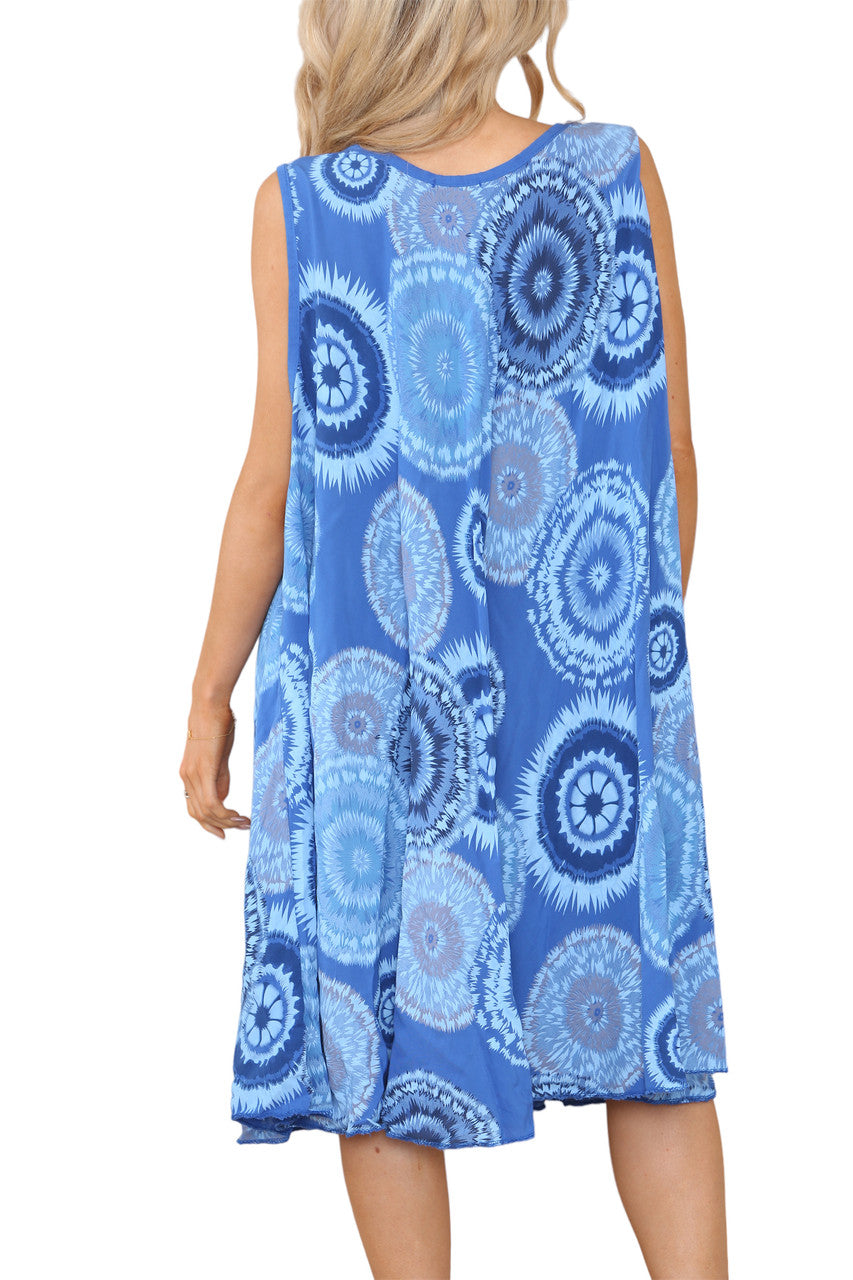 Ladies Tie Dye V-Neck Hanky Hem Sleeveless Dress Royal Blue
