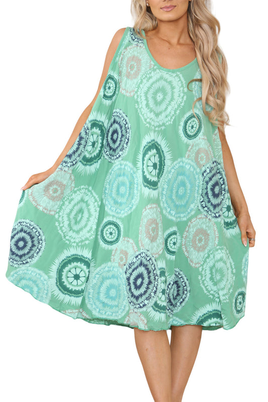 Ladies Tie Dye V-Neck Hanky Hem Sleeveless Dress Jade Green