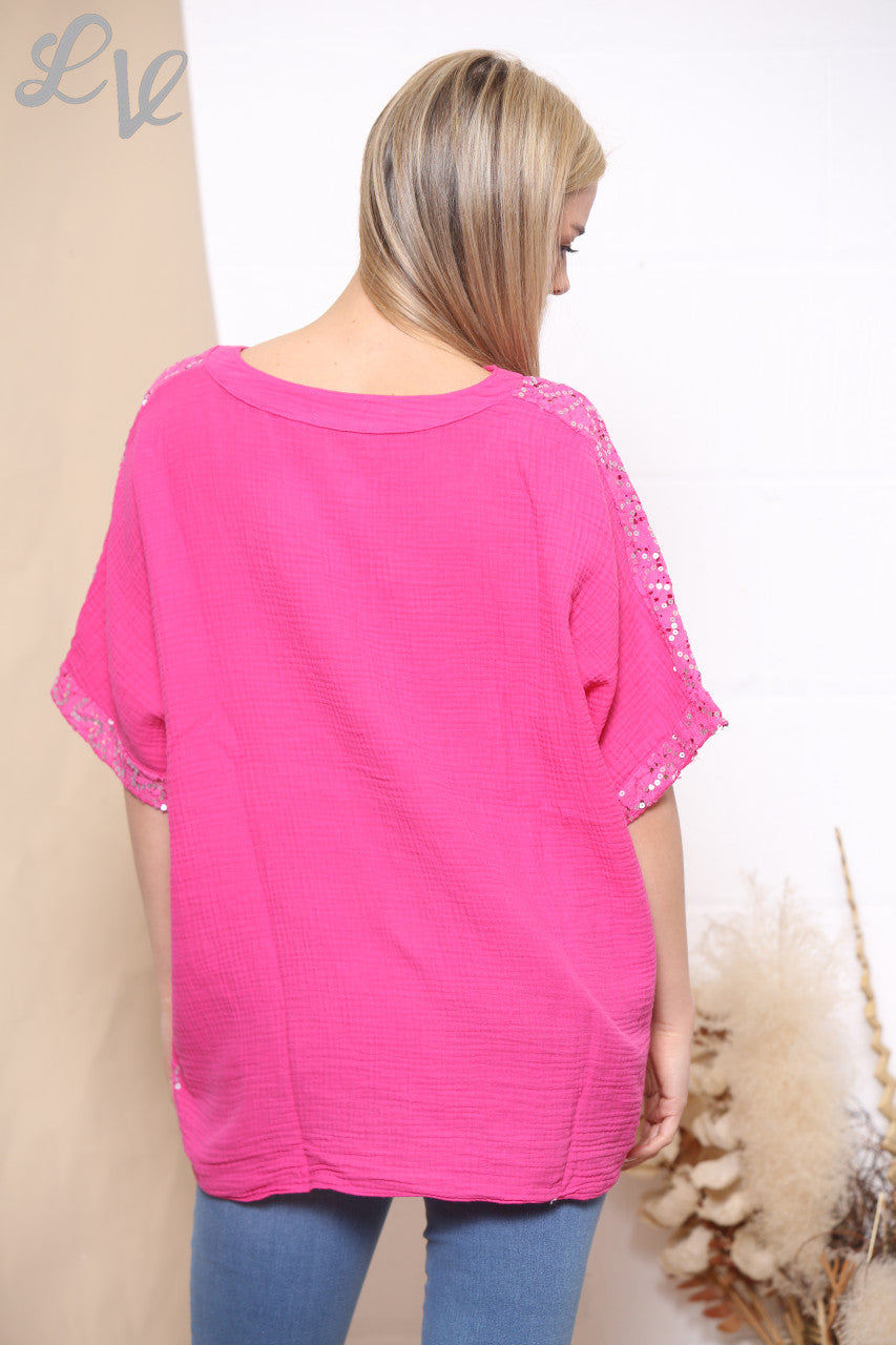 Dames V-hals top met glitters op de mouwen Cerise
