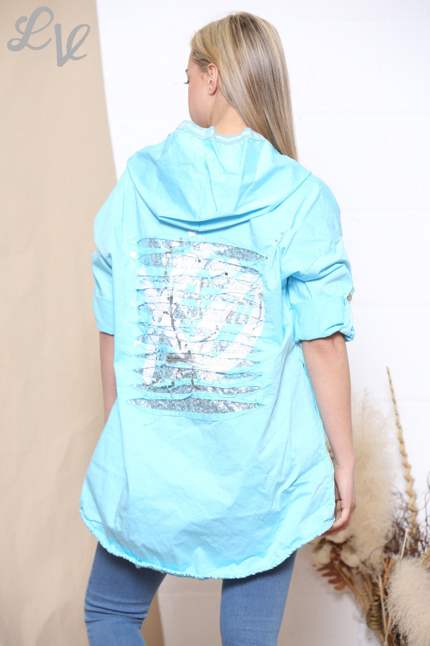 Ladies Sequin & Foil Back Jacket Turquoise