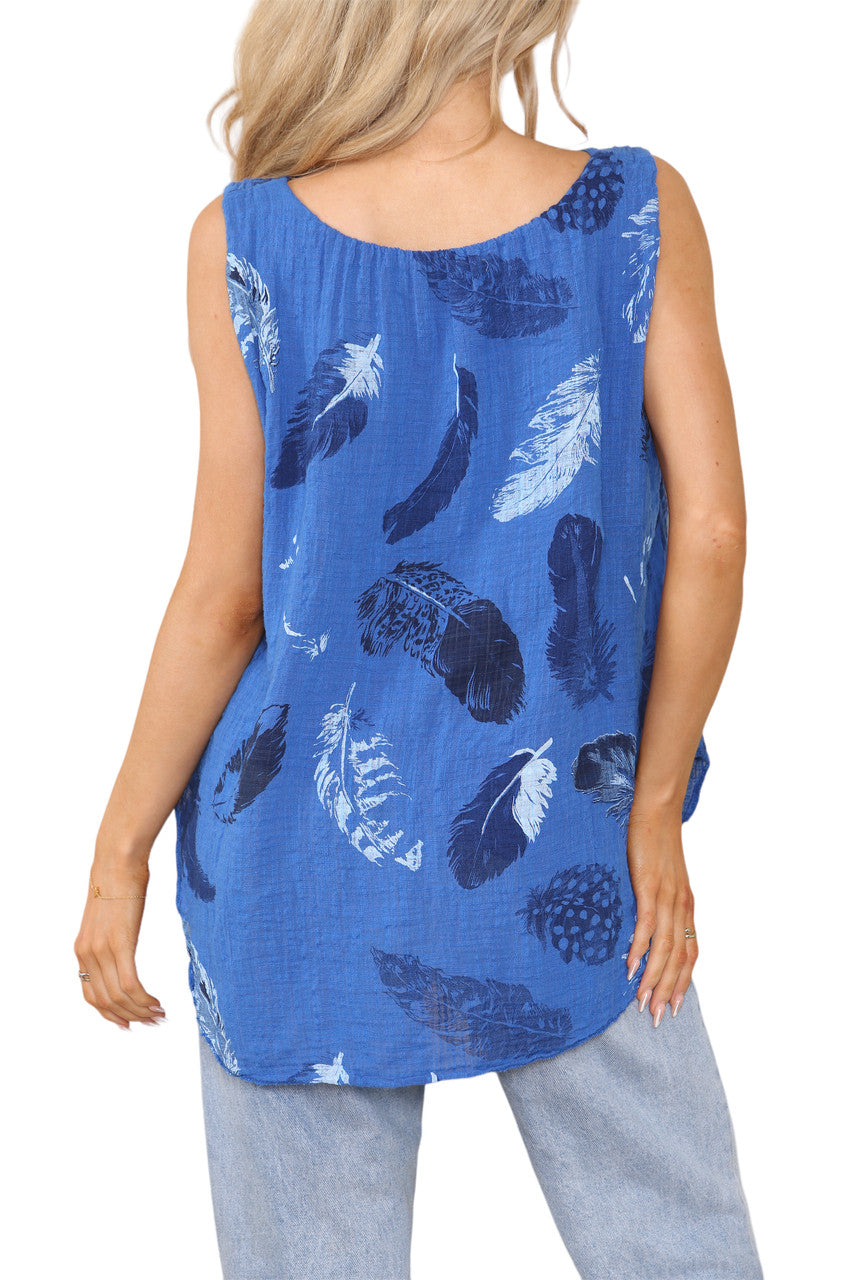 Ladies Feather Print Sleeveless Vest Top Royal Blue