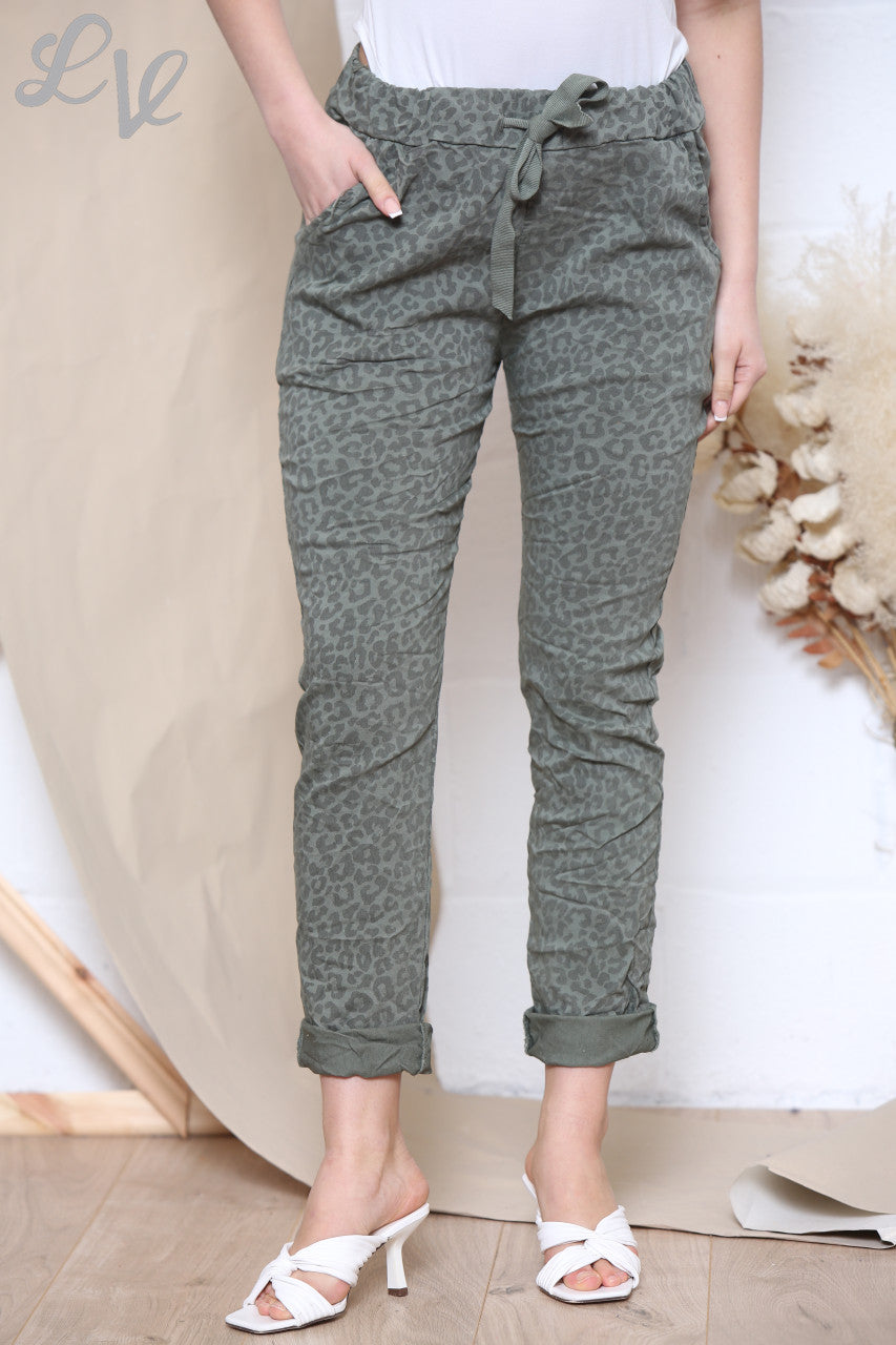 Ladies Animal Print Magic Trousers Pants Khaki