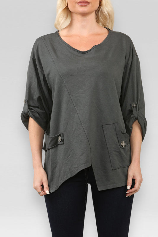 POCKET & SEAM DETAIL SWEATSHIRT TOP CHARCOAL