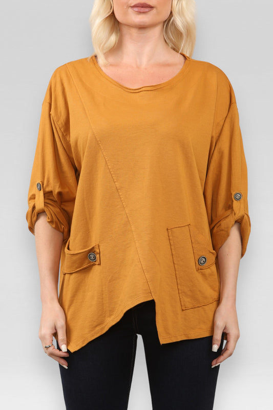 POCKET & SEAM DETAIL SWEATSHIRT TOP MUSTARD