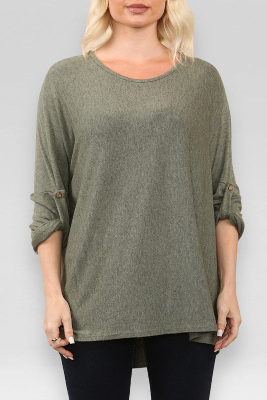 PLAIN BUTTON UP SLEEVE FINE KNIT JUMPER TOP KHAKI