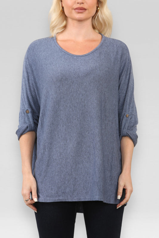 PLAIN BUTTON UP SLEEVE FINE KNIT JUMPER TOP DENIM