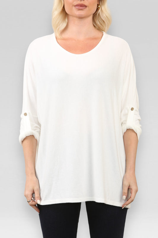 PLAIN BUTTON UP SLEEVE FINE KNIT JUMPER TOP WHITE