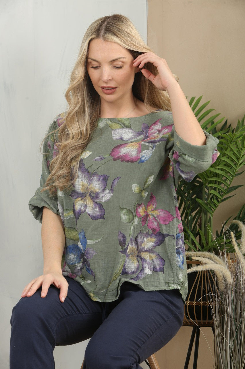 BLOEMIGE VLINDERPRINT TOP - KHAKI