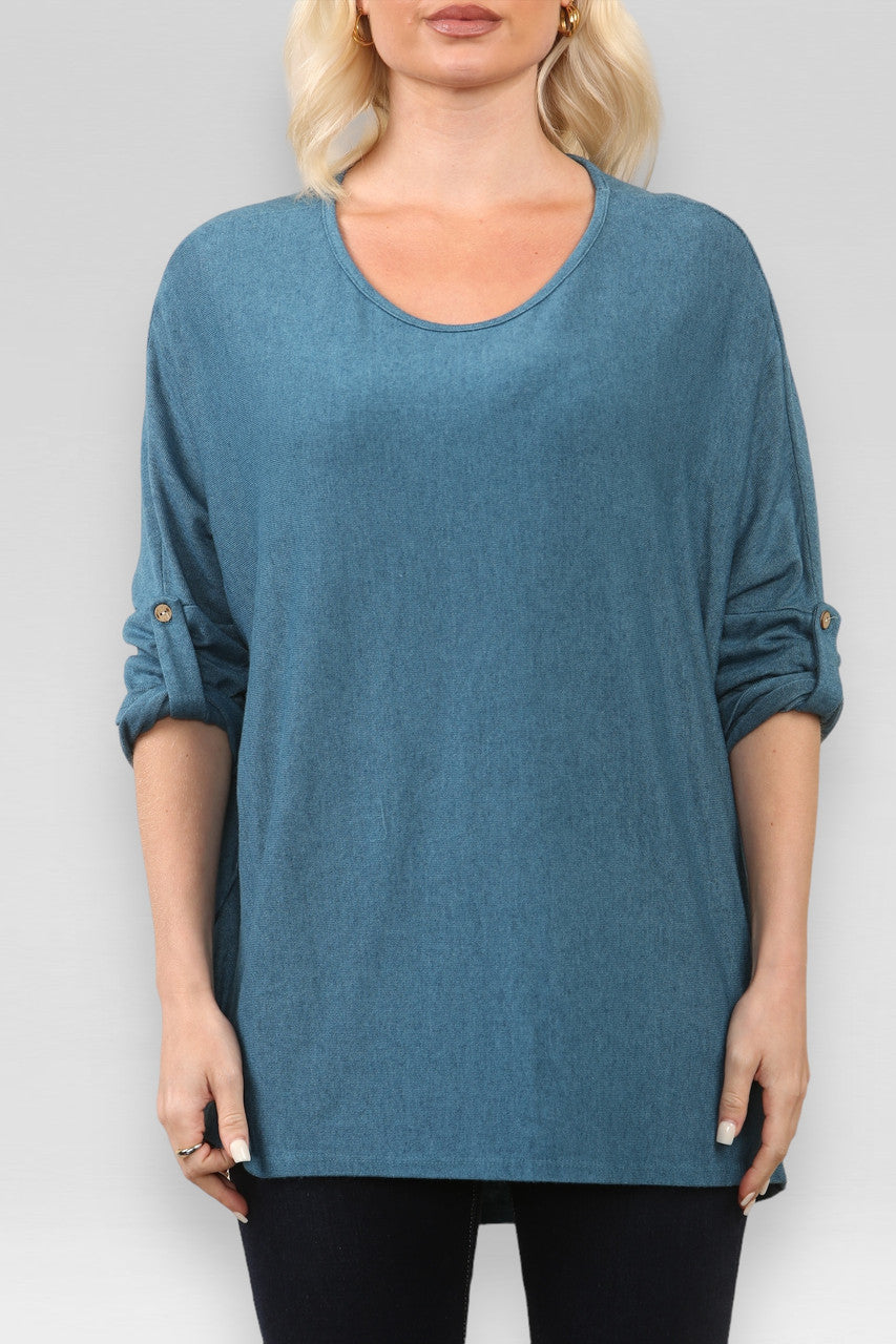 EFFEN BLOUSE MET LANGE MOUWEN FIJN GEBREIDE TRUI TOP BLAUWGROEN