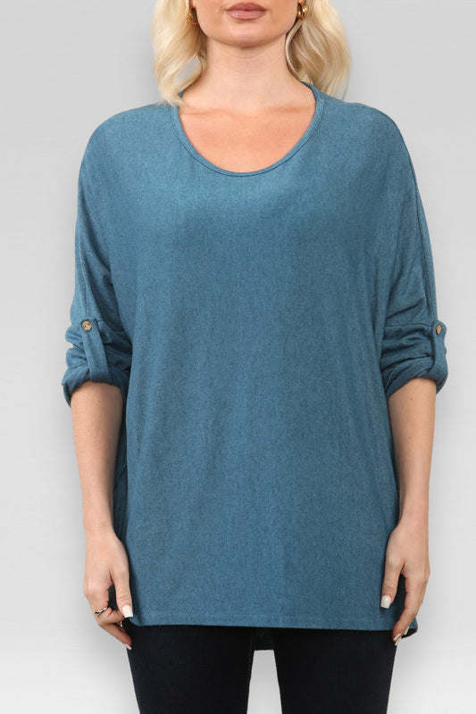 PLAIN BUTTON UP SLEEVE FINE KNIT JUMPER TOP TEAL