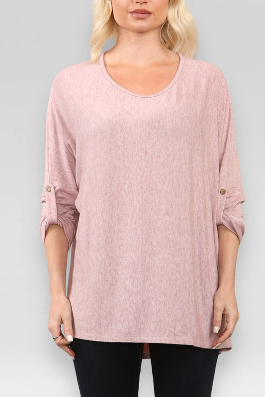 PLAIN BUTTON UP SLEEVE FINE KNIT JUMPER TOP DUSTY PINK