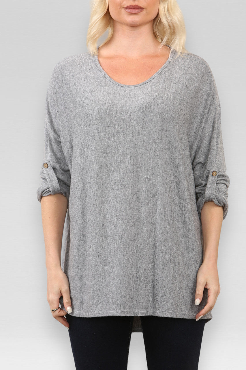 PLAIN BUTTON UP SLEEVE FINE KNIT JUMPER TOP  GREY