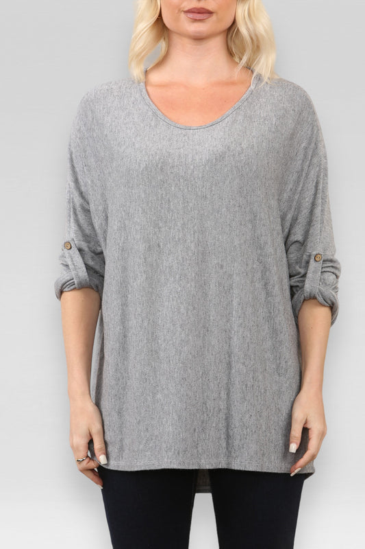 PLAIN BUTTON UP SLEEVE FINE KNIT JUMPER TOP  GREY