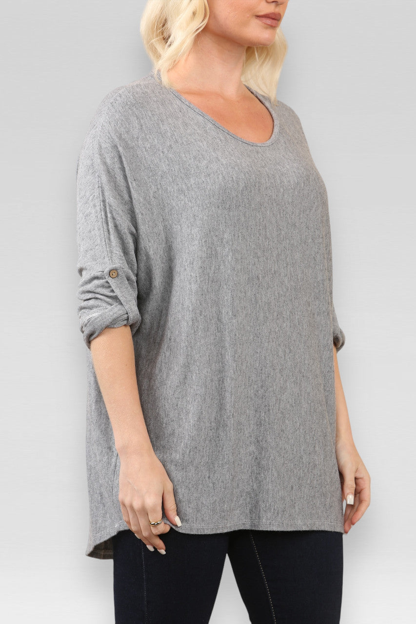 PLAIN BUTTON UP SLEEVE FINE KNIT JUMPER TOP  GREY