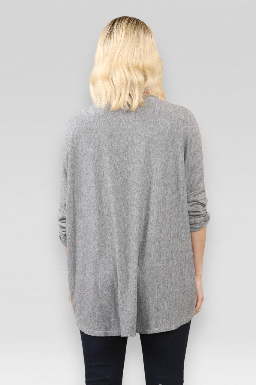 PLAIN BUTTON UP SLEEVE FINE KNIT JUMPER TOP  GREY