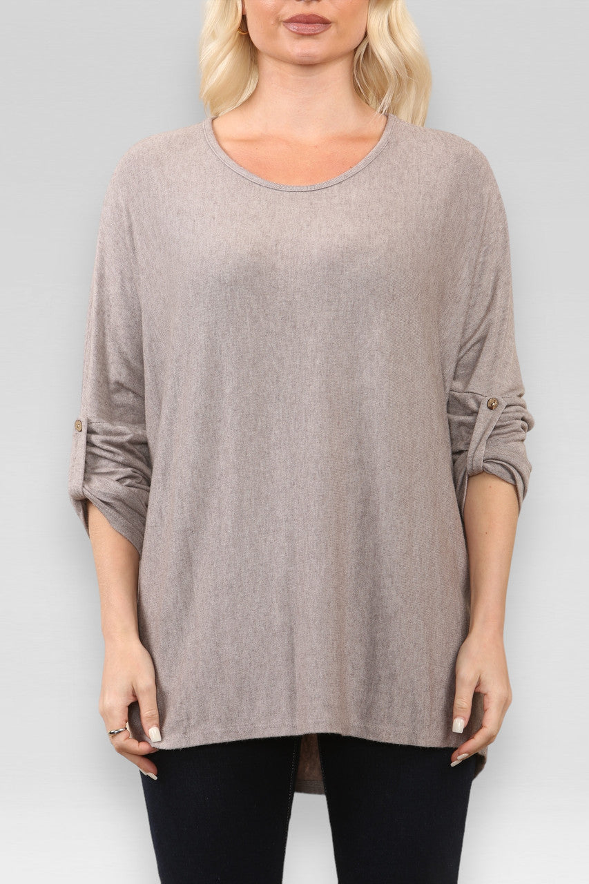 PLAIN BUTTON UP SLEEVE FINE KNIT JUMPER TOP TAUPE