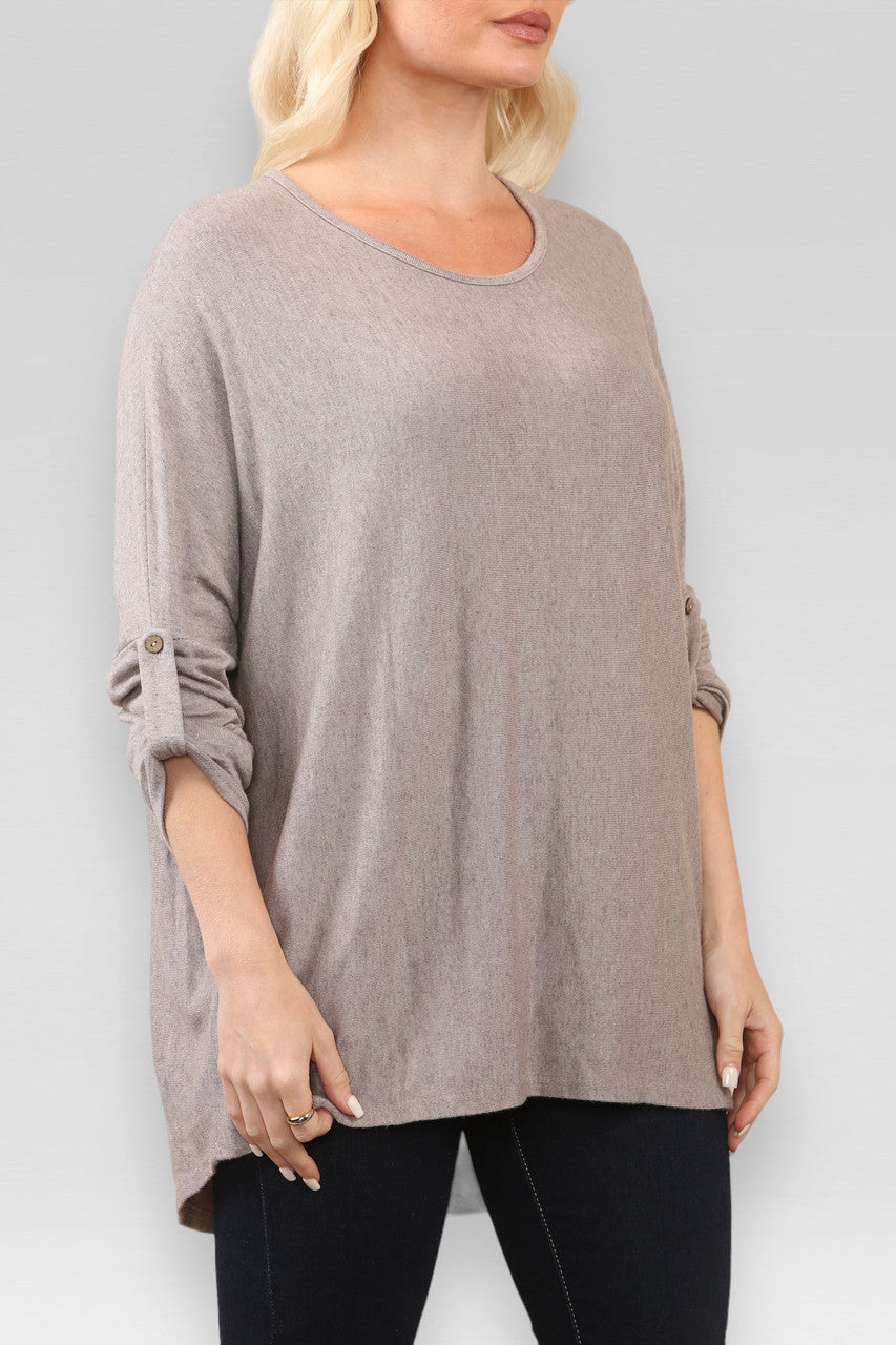 PLAIN BUTTON UP SLEEVE FINE KNIT JUMPER TOP TAUPE