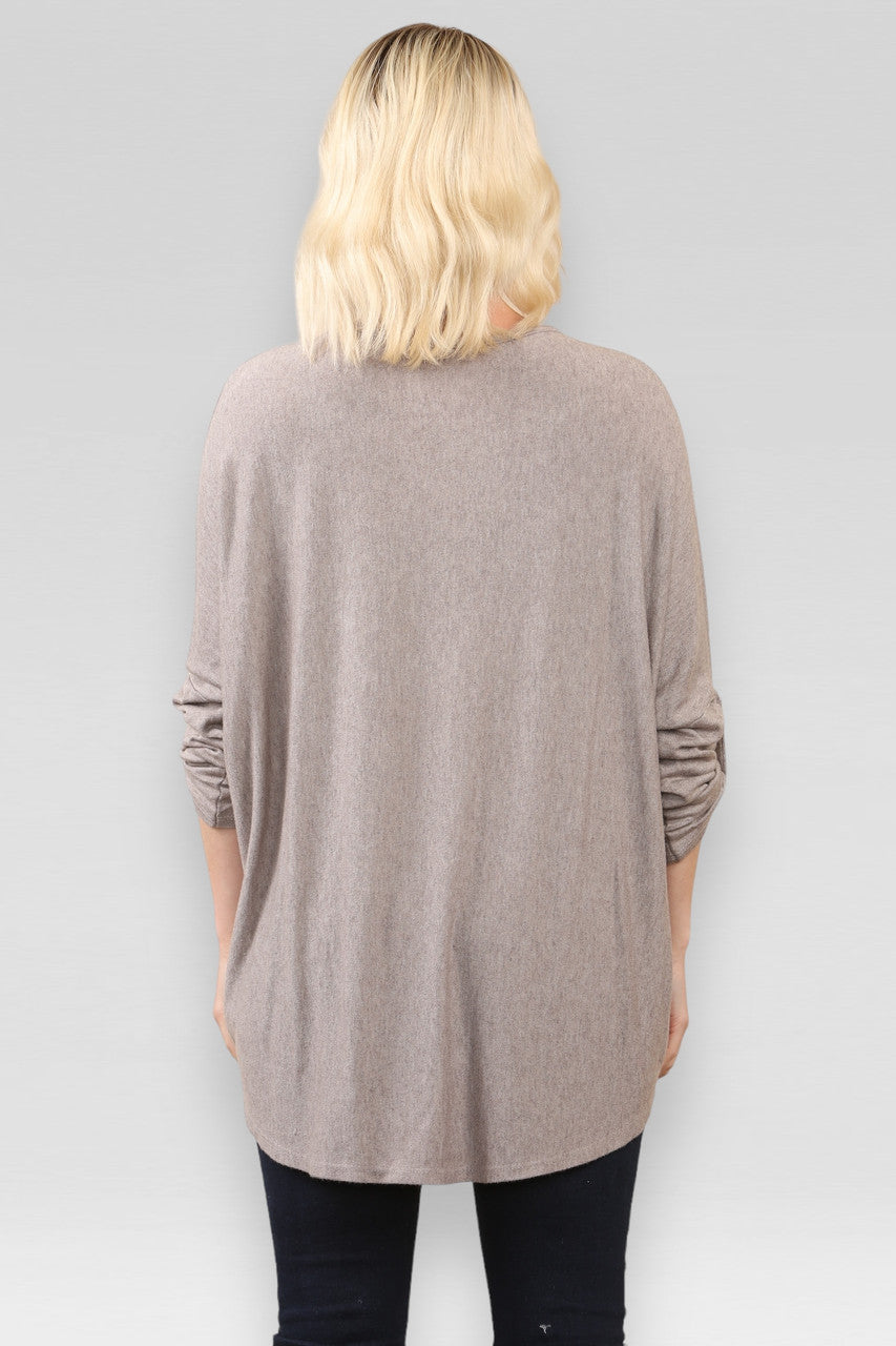 PLAIN BUTTON UP SLEEVE FINE KNIT JUMPER TOP TAUPE