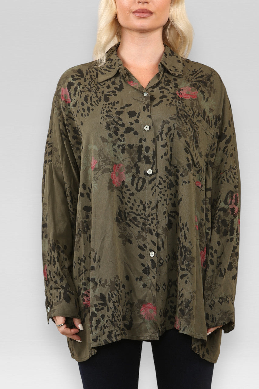 OVERHEMD MET FLORAAL EN DIERLIJKE MIXPRINT IN KHAKI