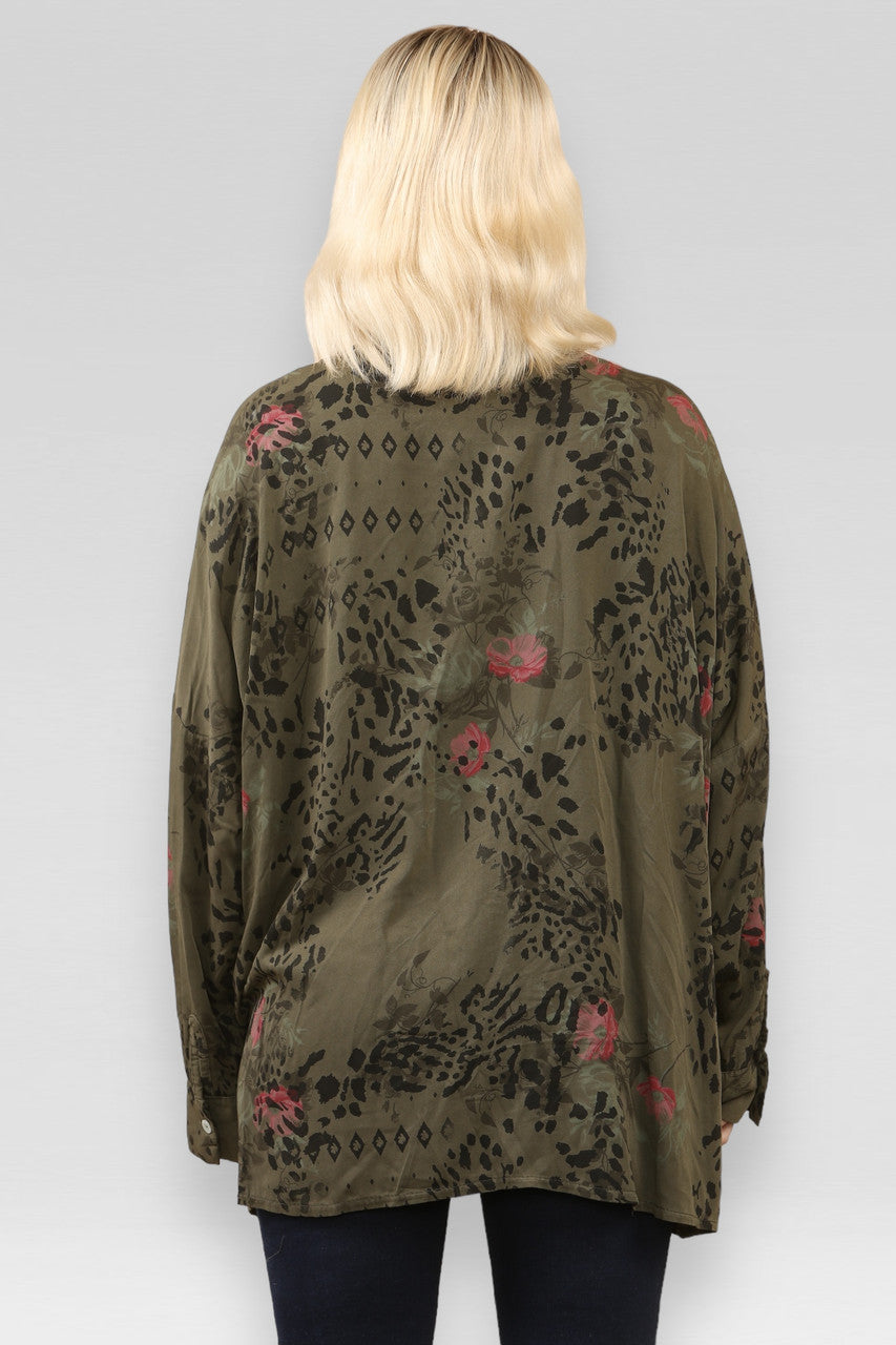 OVERHEMD MET FLORAAL EN DIERLIJKE MIXPRINT IN KHAKI