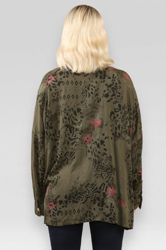 FLORAL ANIMAL MIX PRINT SHIRT KHAKI