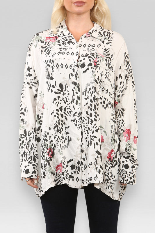 FLORAL ANIMAL MIX PRINT SHIRT WHITE