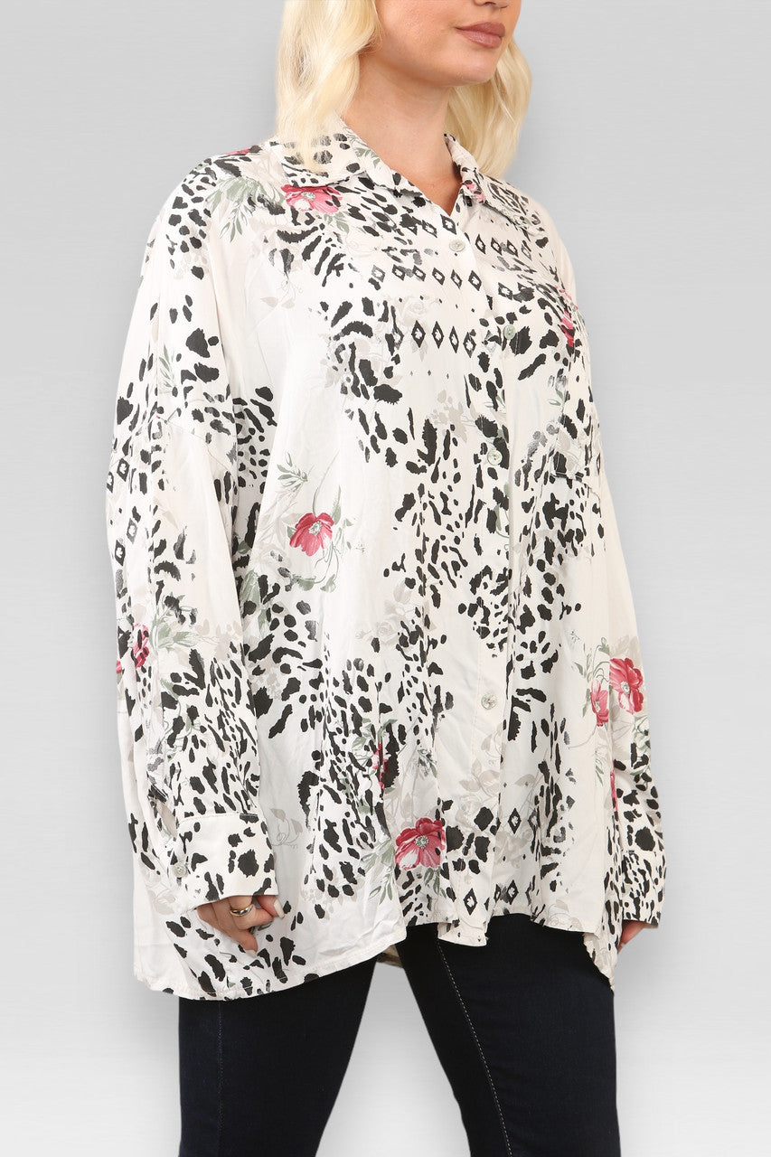 OVERHEMD MET BLOEMEN- EN DIERENPRINT WIT