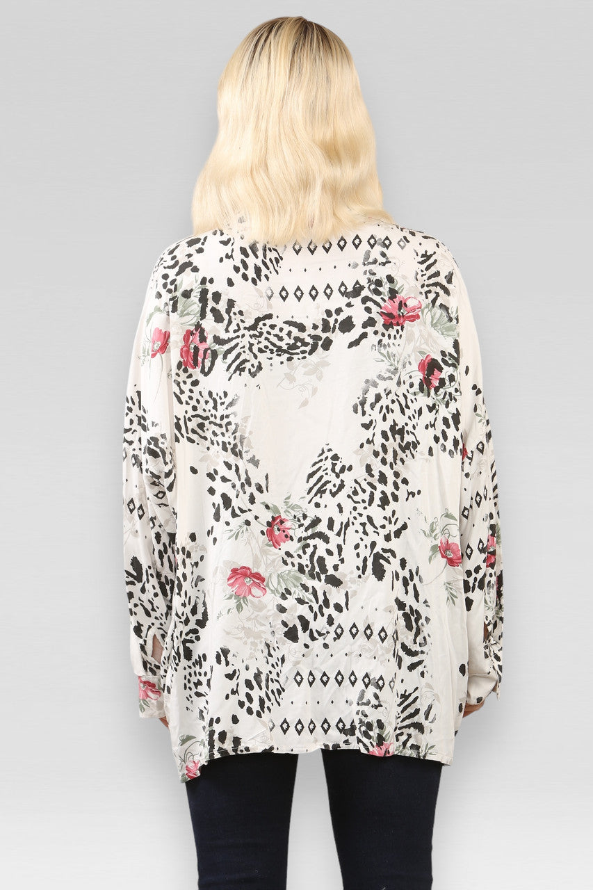 OVERHEMD MET BLOEMEN- EN DIERENPRINT WIT