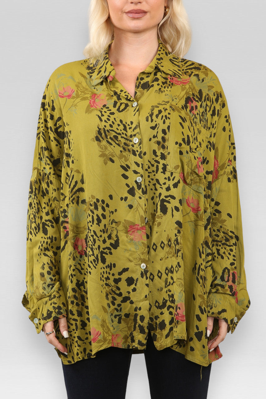 OVERHEMD MET BLOEMEN- EN DIERENPRINT MOSTERD