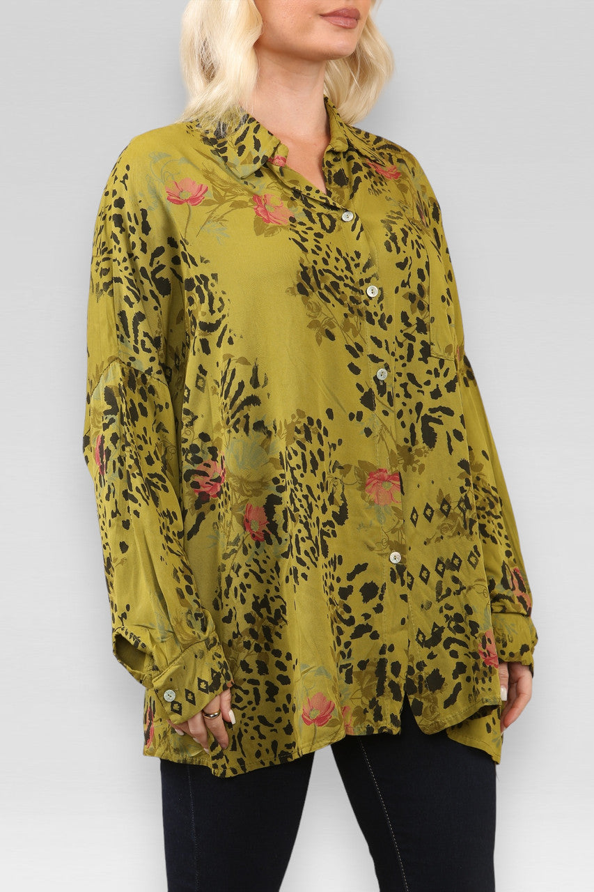 OVERHEMD MET BLOEMEN- EN DIERENPRINT MOSTERD