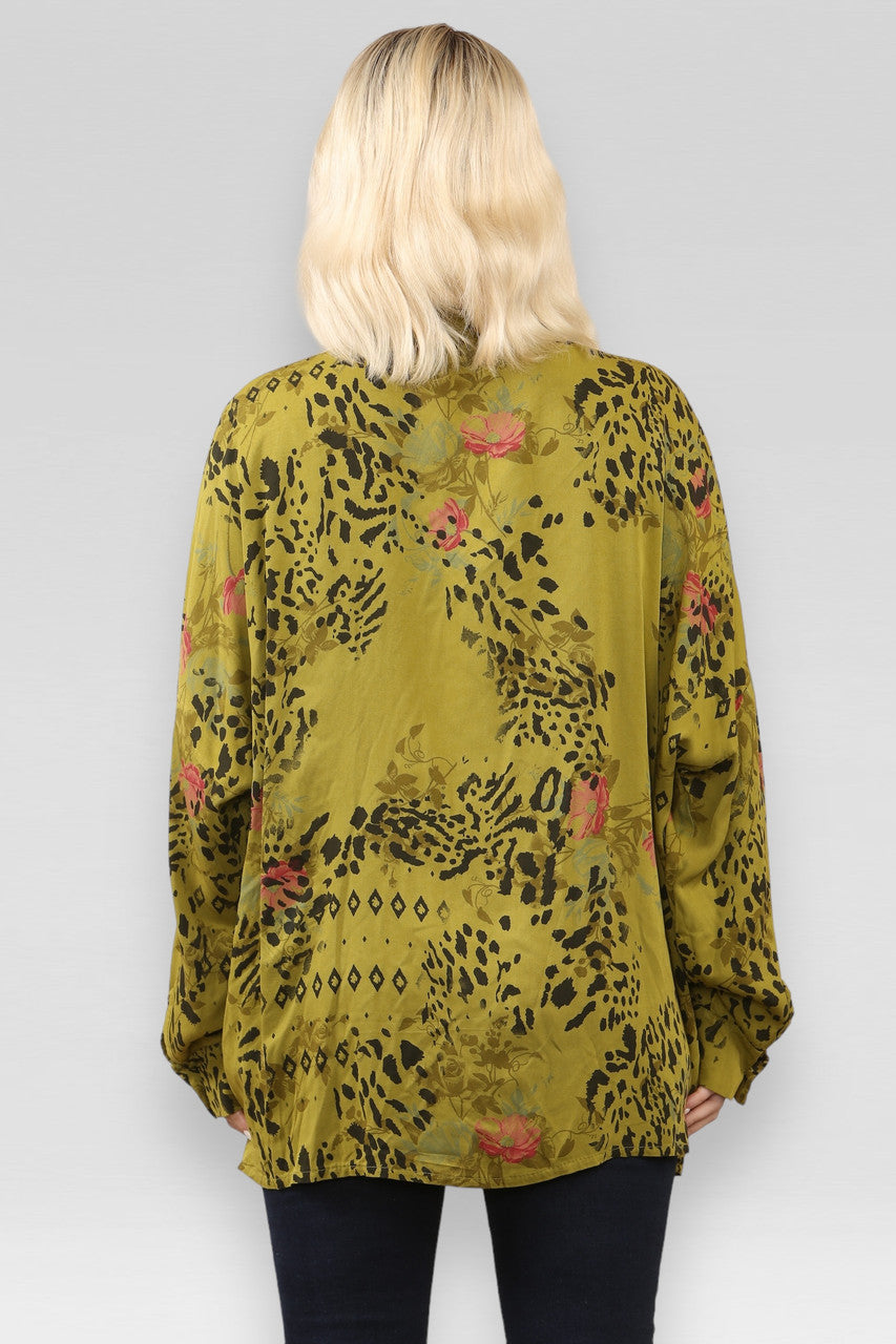 OVERHEMD MET BLOEMEN- EN DIERENPRINT MOSTERD