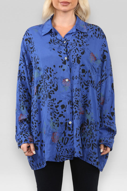 FLORAL ANIMAL MIX PRINT SHIRT ROYAL BLUE