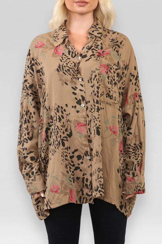 FLORAL ANIMAL MIX PRINT SHIRT TAN