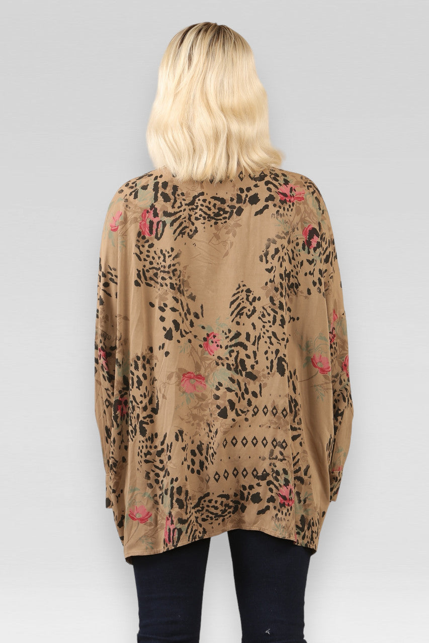 OVERHEMD MET BLOEMEN- EN DIERENPRINT - TAN