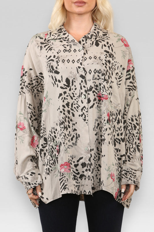 FLORAL ANIMAL MIX PRINT SHIRT STONE