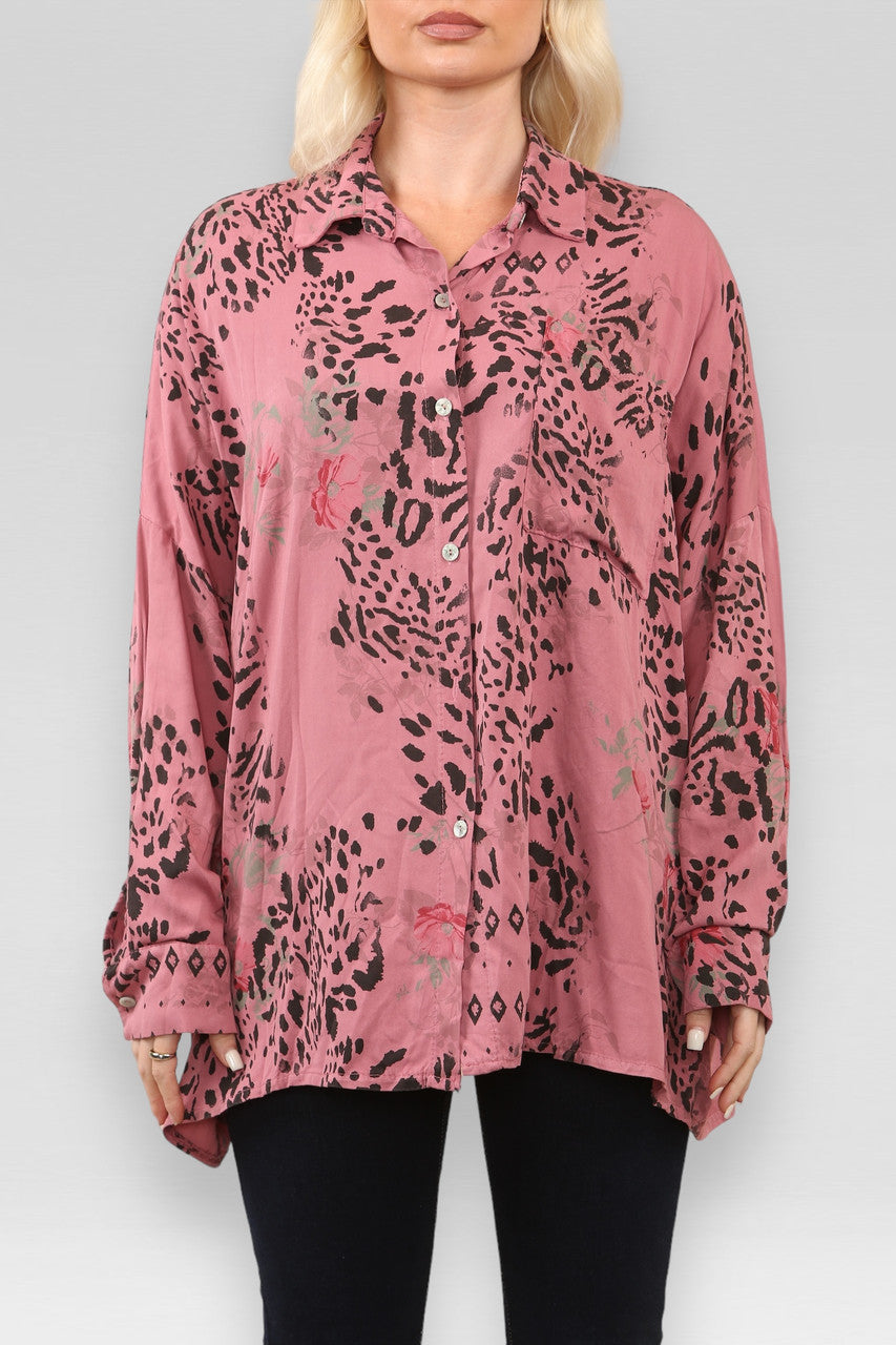 FLORAL ANIMAL MIX PRINT SHIRT PINK