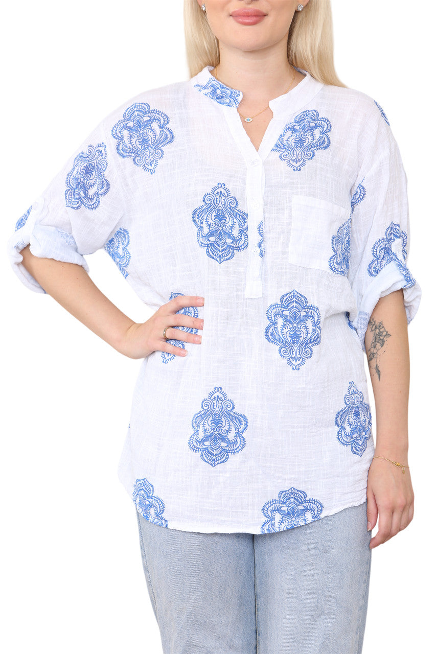 PAISLEY ORNAMENTO PRINT GRANDAD SHIRT TOP DENIM