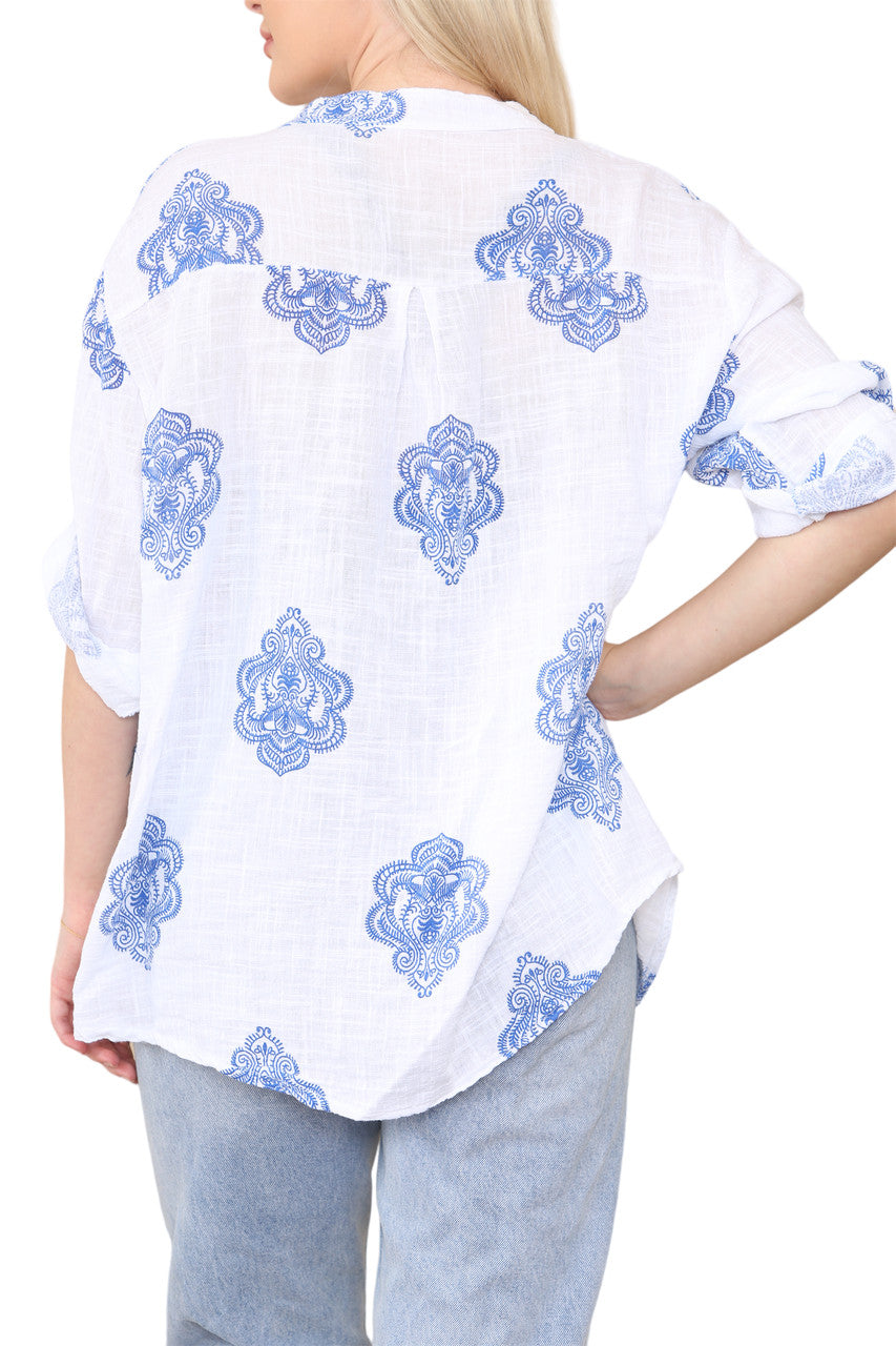 PAISLEY ORNAMENTO PRINT GRANDAD SHIRT TOP DENIM